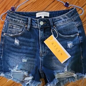 Risen Jeans Women's Dark Blue Distressed Denim Shorts